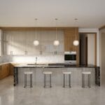 a kitchen with a marble counter top and bar stools