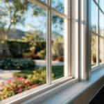 Professional installer replacing modern energy-efficient windows on a luxury Sacramento home with white trim and sunlight reflection on glass.
