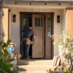 Craftsman fitting a custom wood front door on a contemporary California home, showing premium finish and clean curb appeal.