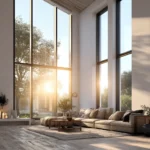 Sunlight streaming through newly installed energy-efficient windows in a bright modern living room, highlighting comfort and reduced energy loss.